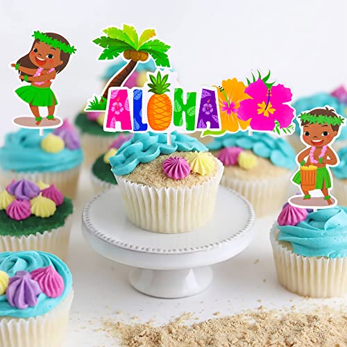 32Pcs Hawaii Luau Cupcake Toppers Decoration Hawaiian Tropical Party Cupcake Toppers With Flamingo Pineapple Palm Leaves Tiki For Aloha Summer Party Supplies #TOP7
