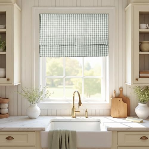 Image of TWOPAGES No Drill Cordless Buffalo Plaid Roman Shades Roman Blinds for Windows, Custom Made Room Darkening Country Checkered Blinds Farmhouse Shades, Light Green Small Plaid, 1 Piece