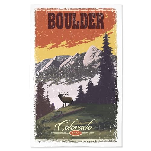 Lantern Press 16x24 Inch Giclee Art Print Wall Decor, Boulder, Colorado, Mountain View and Elk, Distressed