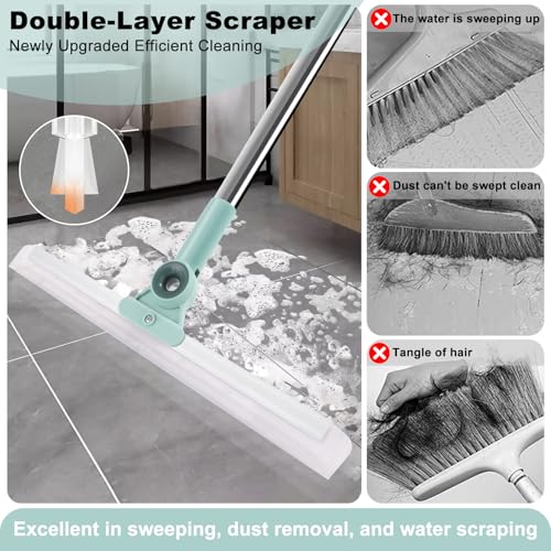 Image of Floor Squeegee for Concrete Floor - Double Layer Water Squeegee Magic Scrub Broom with 59'' Long Handle for Cleaning Shower Tiles, Glass Window, Swimming Pools, Garages, Pet Hair