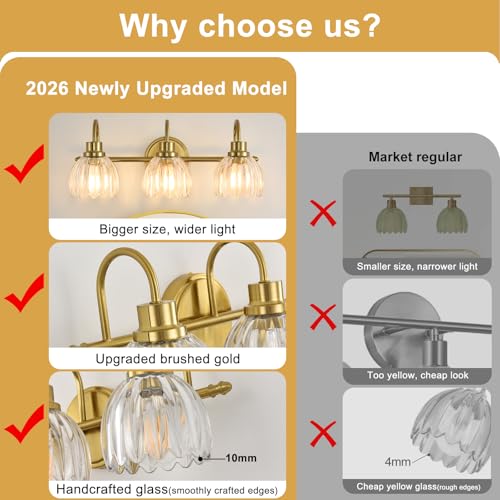 Image of Bathroom Light Fixtures (3-Light, 20 Inch), Brushed Gold Vanity Lights for Bathroom with Ribbed Clear Tulip Glass Shade, Vintage Vanity Wall Lights for Mirror Bedroom Living Room Hallway
