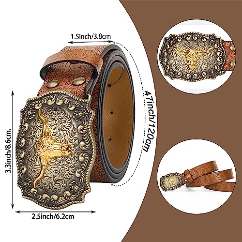 YCMI Western Cowboy Belts for Men Women - Bull Buckle Vintage Floral Engraved Belt for 28" to 40" waist2