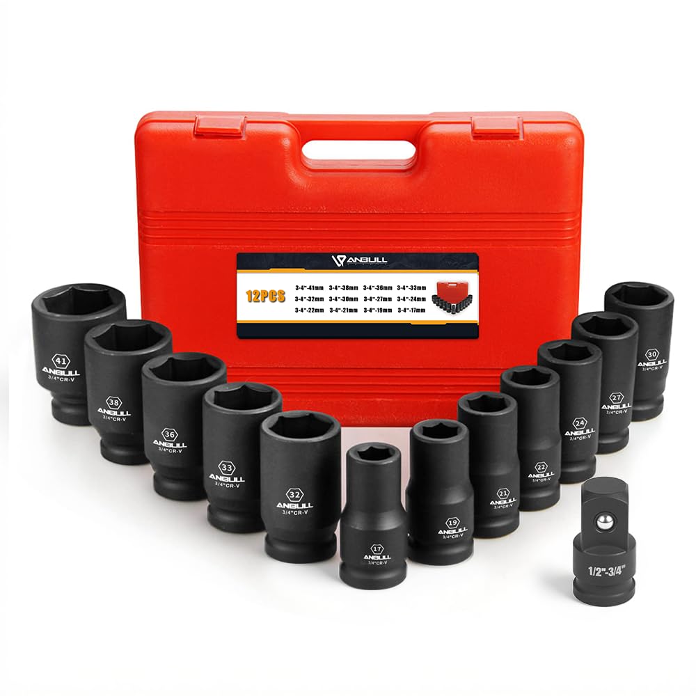 Anbull 3/4 Inch Drive Master Impact Socket Set 13-pc Set, Metric Combination, Drive Axle Nut Socket Set 17mm 19mm 21mm 22mm 24mm 27mm 30mm 32mm 33mm 36mm 38mm 41mm Hex Socket Set