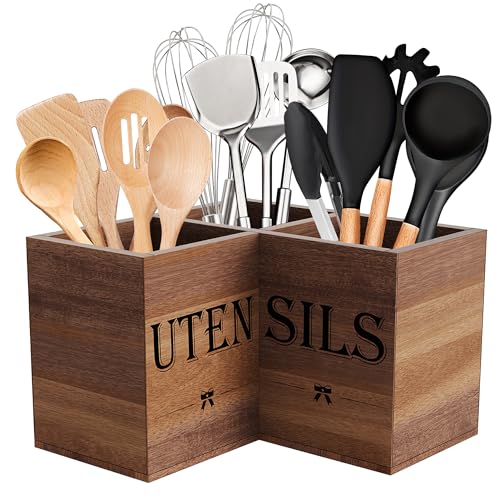 Image of Suli Extra Large Kitchen Utensils Holder with 3 Compartments,Corner Utensil Caddy for Countertop,Acacia Wood Utensil Organizer for Kitchen Countertop, Farmhouse Decor-Acacia Brown
