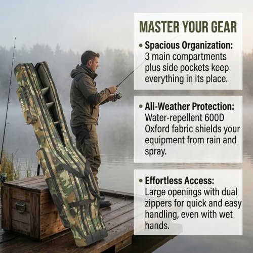 Bolsa de pesca, estuche de pesca de 150 cm, 3 compartimentos, impermeable, plegable, estuche para cañas, herramientas pescar con correa de transporte para cañas, sacadera, accesorios (Marrón claro)