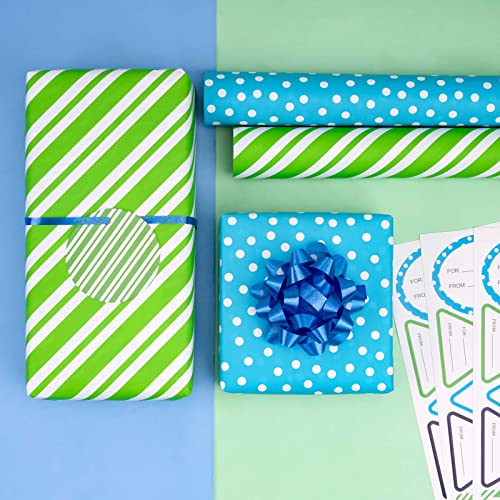 Maypluss Wrapping Paper Set - Mini Roll With Bow & Ribbon & Gift Tags & Stickers - 17 Inch X 120 Inch Per Roll - Green Stripe, Blue Polka Dots And Black Triangle Design (42.3 Sq.ft.ttl) #TOP7