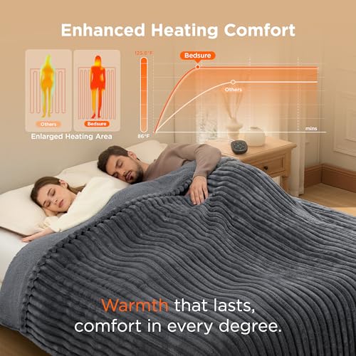 Image of Bedsure Electric Blanket Queen Size - Thick Striped Flannel Electric Blanket with Dual Control, Heating with 10 Heat Settings & 10 Time Settings, 8 hrs Timer Auto Shut Off (84x90 inches, Grey)