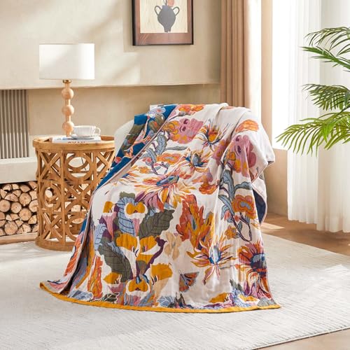 Boho Throw Blanket, 100% Cotton Ultra Soft Luxury Throw Rustic Quilt, 50"x60" Floral Bird Butterfly Farmhouse Decor Bed Blankets, All Season Rustic Reversible Bohemian Throw for Bed - Yellow - Image 3