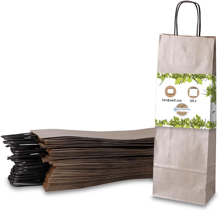 GREENBOX Pack of 25 Bottle Bags Gift Bags with Handle 14 x 8 x 40 cm Kraft Paper Grammage 100 g/m2 Elegant Bottles Packaging I Wine Bottle Bag I Gift Bag Wine I Paper Bags Silver