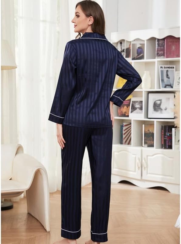 U2SKIIN Women Satin Pajamas Set, Long Sleeve Silk Pajamas for Women Striped Button Down 2-Piece Pj Set - Image 5