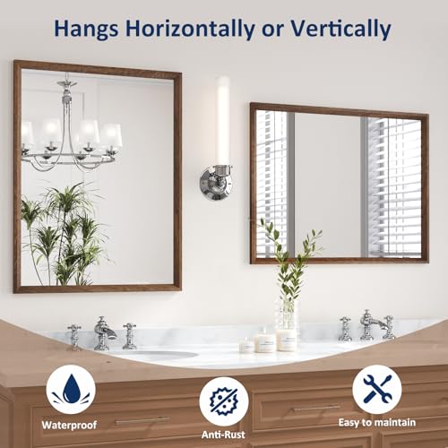 Image of WEER Brown Bathroom Mirror, 60x90cm Faux Wood Frame Rectangular Wall Mirror