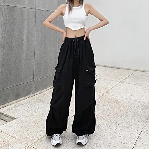 Generisch Cargohose Damen Y2k High Waist Baggy Parachute Pants mit Taschen Teenager Mädchen Wide Leg Hose Streetwear Freizeithose