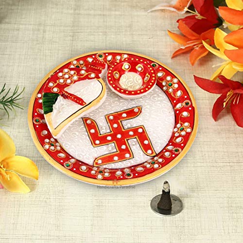 Handicrafts Paradise Pooja Thali with Shankh and Katori Painted in Meena