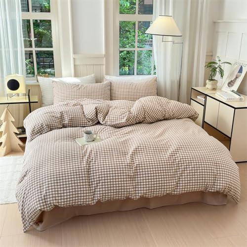 Image of Nayoroom Brown Gingham Duvet Cover Twin Size Tan White Plaid Checkered Duvet Cover Grid Dorm Bedding Set 2 Pieces Soft Lightweight Washed Microfiber Farmhouse Bedding with Pillowcases
