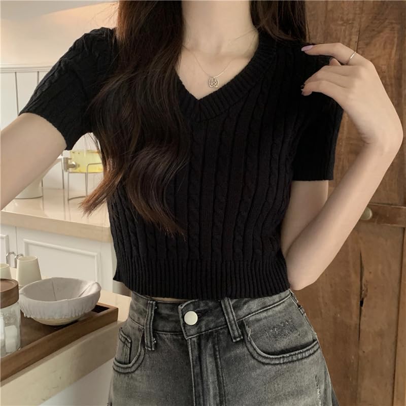 Image of ICW Women's Acrylic Knitted Ribbed Half Sleeve V-Neck Self Design Crop Top T-Shirt 128