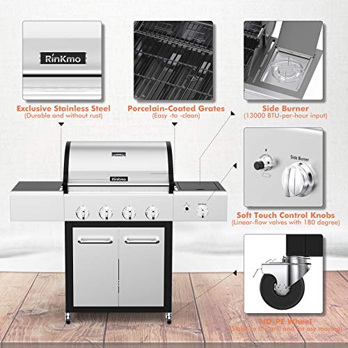 RINKMO Liquid Propane Grill with Side Burner and Hose, 52000 BTU, 4 barbecue, 670 Sq Inch Cooking Area, Cart Style Stainless Steel Tabletop Gas BBQ Stove for Garden, Outdoor, Camping