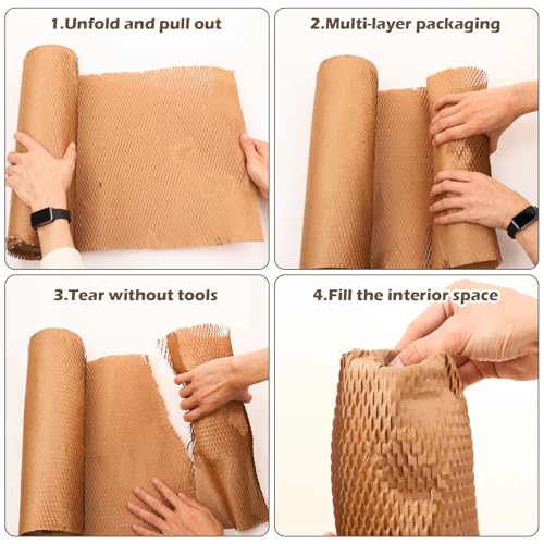 Wabenpapier Verpackungspapier Rolle 38cm x 70m, Braunes Verpackungsmaterial Verpacken Papier enthält 36 Aufkleber für zerbrechliche Gegenstände, Luftpolsterfolie Alternative für Polsterpapier