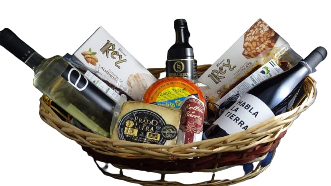 Cesta de Regalo para Empresas con Vino Blanco Dulce Eva, Queso Flor de las Villuercas DOP, Salchichón Ibérico, Aceite de Oliva Virgen Extra – Corazón Extremeño