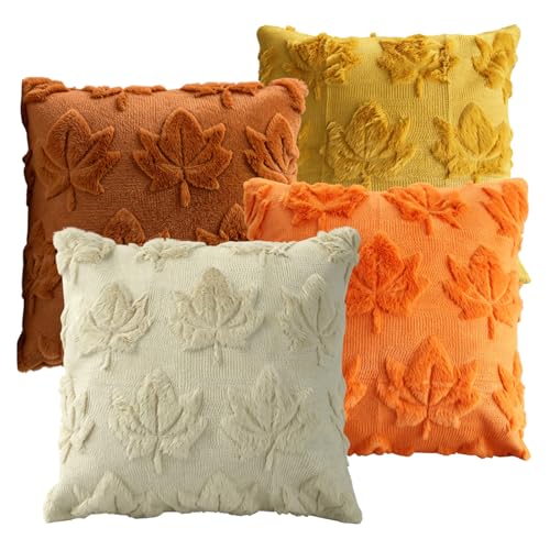 OYIWINMI Autumn Cushion Covers 45x45cm Set Of 4 Fall Pillow Cases Maple Leaf Decorative Cushions Burnt Orange Cream Throw Pillow Covers With Invisible Zipper For Sofa Couch Bedroom Living Room