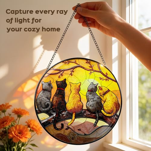 Stained Glass Window Hanging, 5 Cats on a Branch Suncatcher for Window or Door, Real Glass Sun Catchers Decoration for Home Garden Decor, Birthday Gift for Women Mom Cat Lovers(6.3in) — view 5