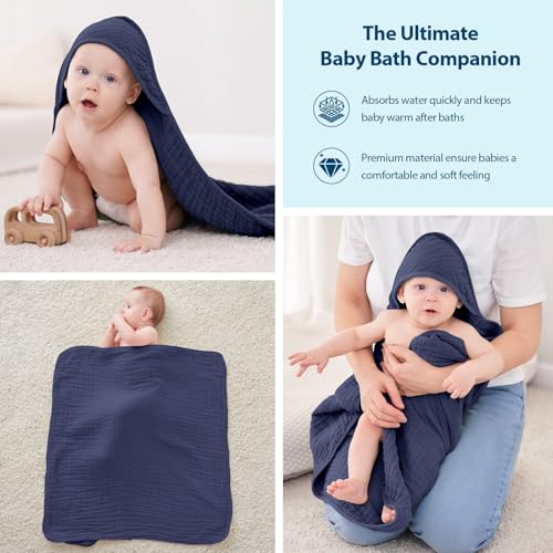 Image of Unnivoll Hooded Baby Towels for Newborn - 2 Pack, 100% Muslin Cotton, Baby Bath Towels with Hood, Soft and Absorbent for Boys, Girls Infant, Toddler and Kids, Large 32x32 Inches, Newborn Essential