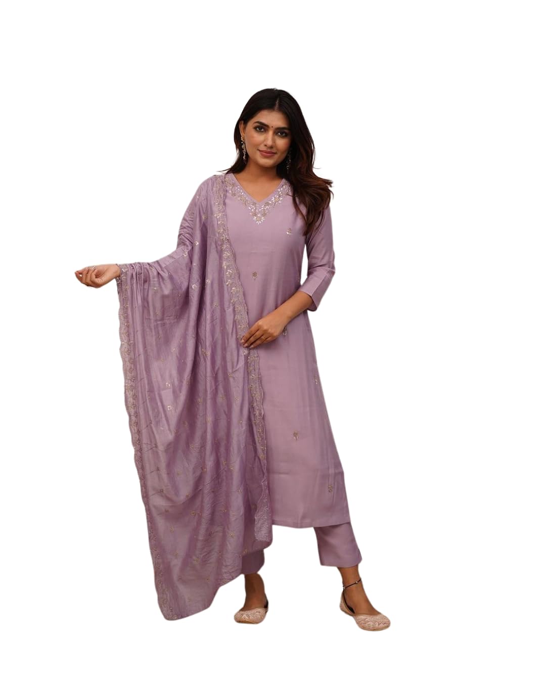 Shiv Textiles Embroidery Onion Kurta Trousers With Dupatta Striped Viscose Silk Blend Three-Quarter Sleeves Kurta Sets For Womens(Jd-Zarana-Onion-S)