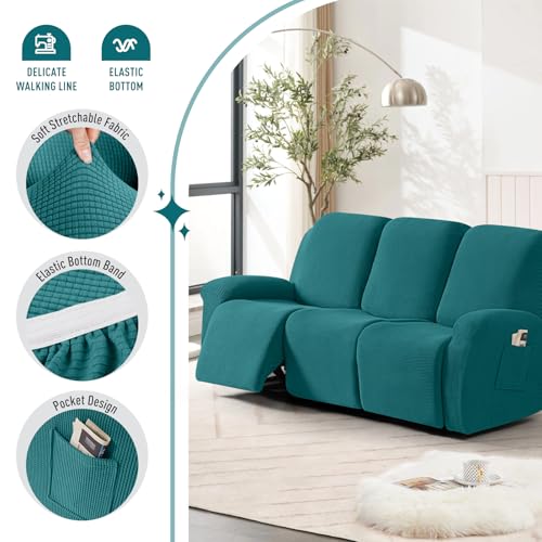 Image of TAOCOCO Recliner Sofa Covers 8-Pieces Stretch Large Couch Covers for 3 Seats Reclining Slipcovers Soft Jacquard Pattern Furniture Protector (Peacock Blue)