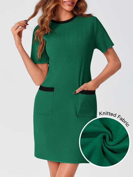 Wenrine Womens Work Dress Business Casual Contrast Color Elegant Short Sleeve Knit Summer Mini Dress2