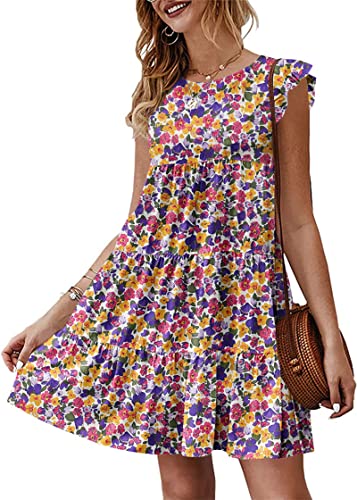 Image of KIRUNDO Summer Dresses for Women Sundress Sleeveless Ruffle Sleeve Round Neck Loose Short Flowy Pleated Mini Babydoll Dress