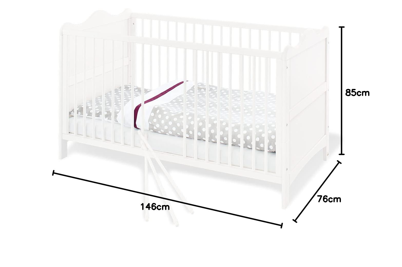 Pinolino Cuna Florentina, Cuna estable y convertible, regulable en altura en 3 posiciones, incl. bloques de conversión, pino lacado en blanco, decoración en blanco, para colchón de 70 x 140 cm, blanco