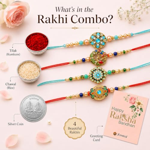 Image of Frostick Set of 4 Rakhi for Brother with Chocolates, Roli Chawal, Greeting Card & Gift Box | Raksha Bandhan Gift with Cadbury Celebrations & Traditional Pooja Essentials