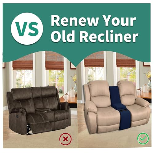 Image of YEMYHOM Additional Recliner Console Cover for Couch with Cup Holder and Storage, Jacquard Middle Reclining Console Slipcover Fitted Furniture Protector with Elastic Bottom (Navy Blue)