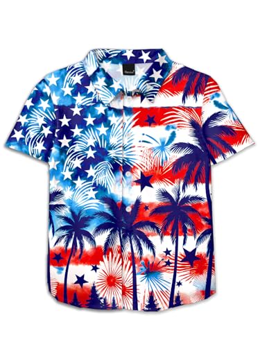 Image of Remimi Unisex Kids 4th of July Button Up Shirt Boys American Flag Print Hawaiian Beach Short Sleeve Tops 5-14 Years