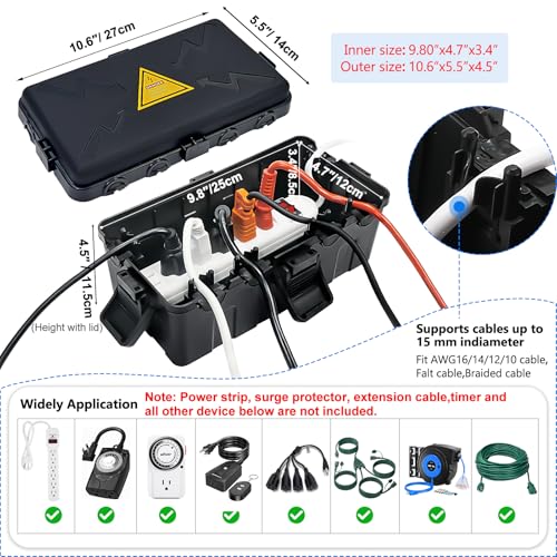 Image of Hrensaw Medium Outdoor Electrical Box(10.6x5.5x4.5inch),Weatherproof Connection Box w /6 Cable Entry,IP54 Waterproof Extension Cord Cover Protect Power Strip,Timer,Plug,Holiday Lights,Black