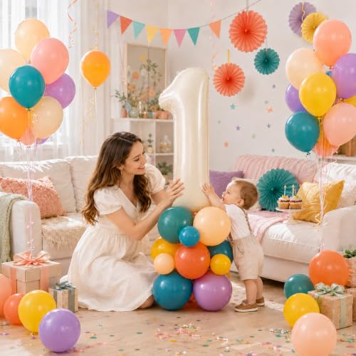 Image of 40 Inch Boho Rainbow Number 1 Balloon Tower for 1st Birthday Decorations