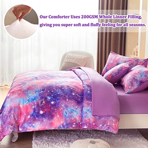 Image of 6 Pcs Purple Girls Bedding Set, Comforter Set Galaxy Full Bedding Set for Girls Teens