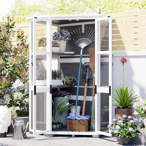 63 Inch Tall Wooden Outdoor Storage Shed Cabinet, Waterproof Roof, Secure Lockable Door, Garden Tool Organizer for Patio & Lawn (Grey)