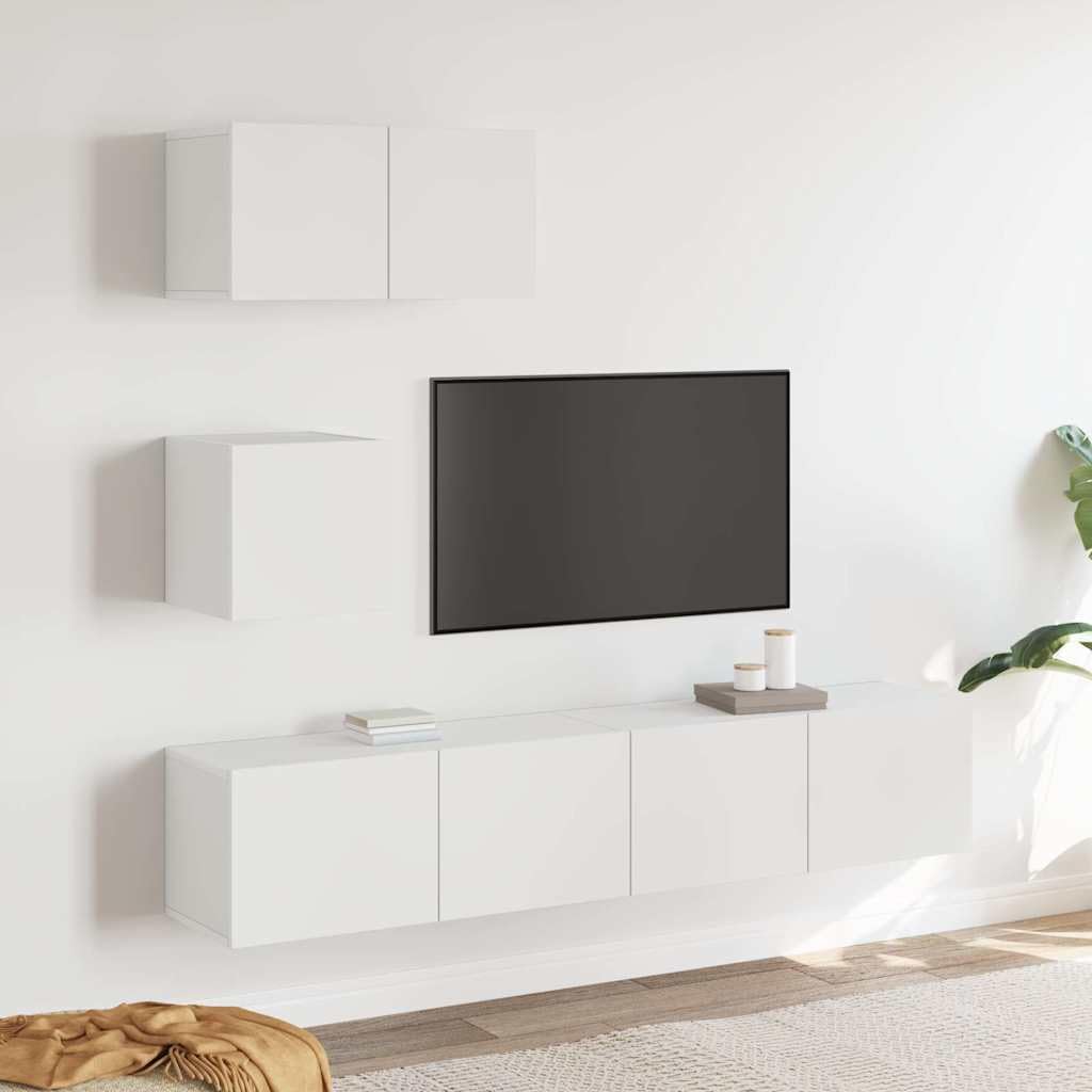Set di 4 mobili TV montaggio a parete bianco legno