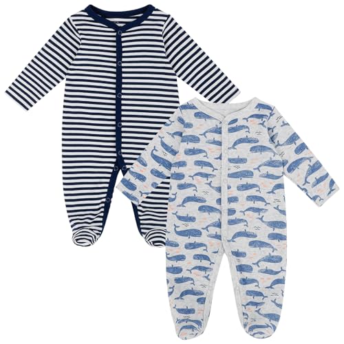 MK MATT KEELY 2er-Pack Baby Strampler Jungen Mädchen Neugeborene Baumwolle Schlafanzug Langarm Newborn Kleidung,Blauer Wal+Marine,0 1 2 3 Monate