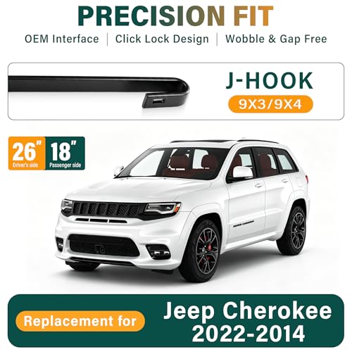 Image of Windshield Wiper Blades Replacement for Jeep Cherokee 2014-2020 2021 2022 | Cherokee 2015 2016 2017 2018 2019,Original Equipment Replacement Front Rear Wiper Blade Set - 26 inch+18 inch+14 inch (Set of 3) U /J Hook