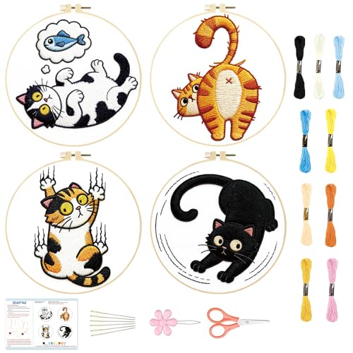 Image of BEUNITONE 4PCS Fun and Funny Cat Embroidery Kit for Beginners, Cute Pre-Print Cat Pattern Hand Embroidery Kits with Hoop and Instruction, DIY Needlepoint Craft Kit for Gifts and Home Decor