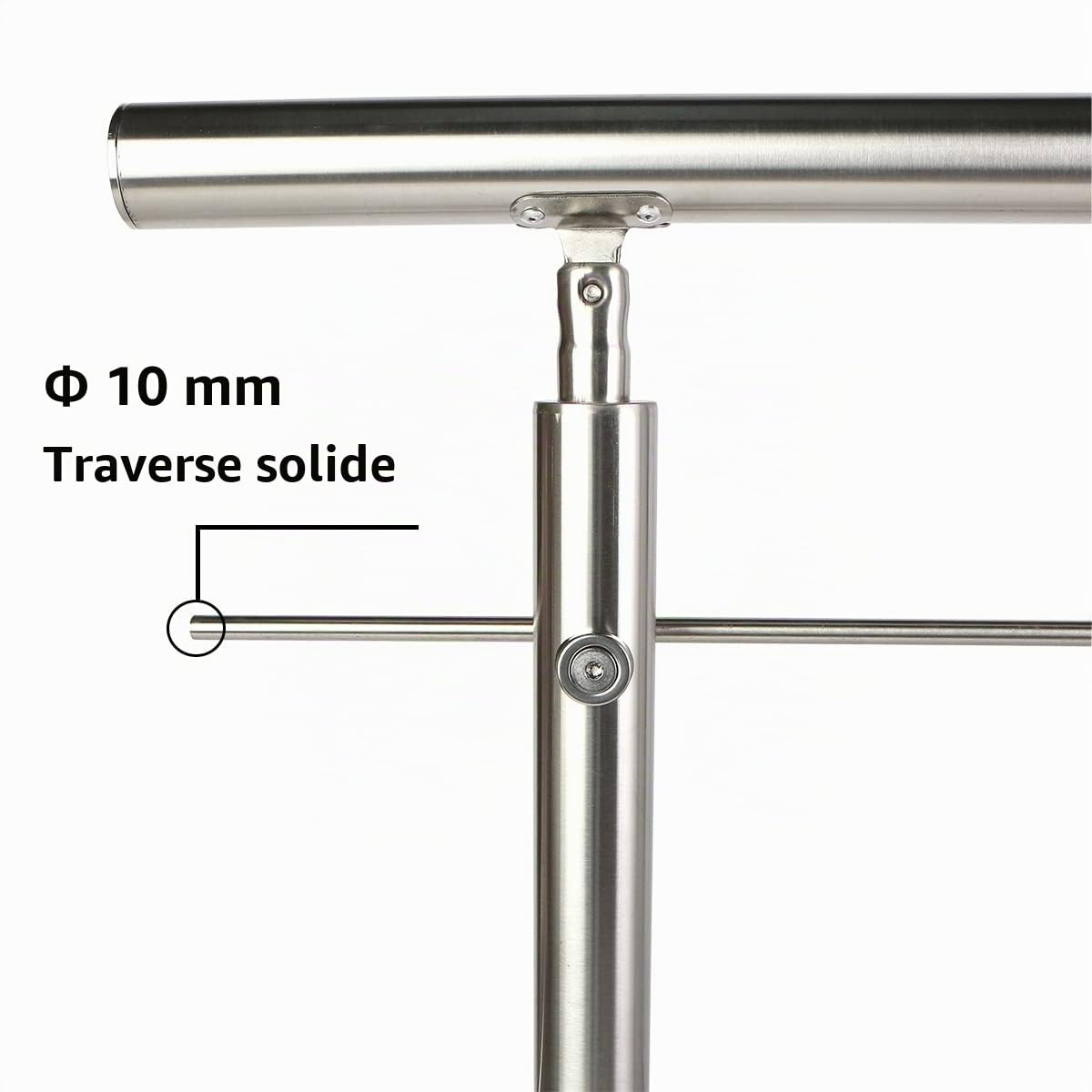 Corrimano in acciaio inox, ringhiera per scale, parapetto, balcone, con 2 barre trasversali, per interni ed esterni, in acciaio inox, balcone (150 cm, 2 barre trasversali)