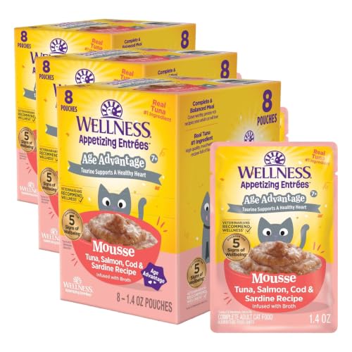 Image of Wellness Appetizing Entrees Age Advantage Mousse Senior Wet Cat Food, Natural, Protein Rich, Grain Free, Tuna, Salmon, Cod, and Sardine Recipe Pouches, 1.4 Ounce (Pack of 24)