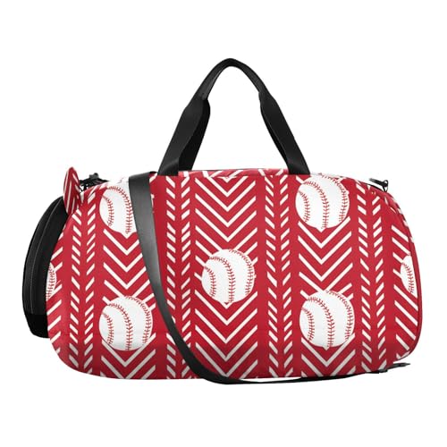 Gym Travel Duffle Bag for Boys Girls Red Chevron Baseballs Pattern Sports Dance Bag with Shoe Compartment & Wet Pocket Football Kids Travel Bag Teens Sleepover Carry2