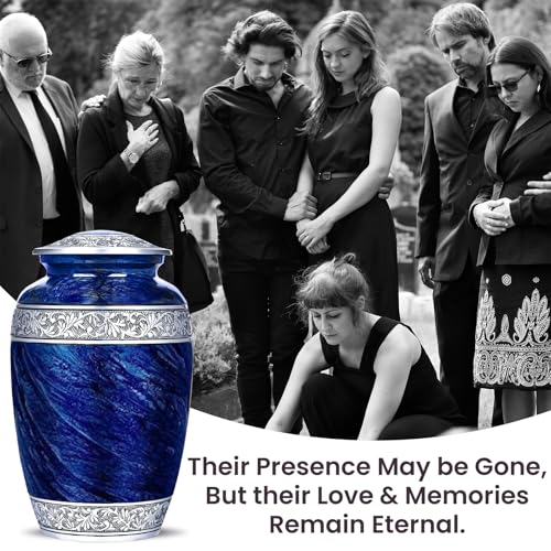 Image of Blue Urns Set of 6 Funeral & Cremation Urns for Human Ashes Adult Man /Woman with 1 Large Blue Urn for Ashes Adult Male with a Customizable Medallion & Ash Necklace with 4 Matching Small Urns