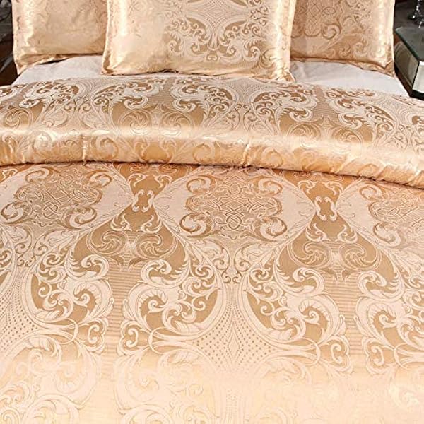 TEALP Damask Bedding - Juego de funda de edredón tamaño King, color dorado, con 2 fundas de almohada a juego (220 x 230 pulgadas, tamaño King)