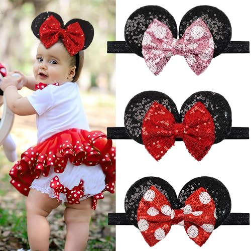 BBGifts 3 PCS Mouse Ears Sequin Bow Nylon Hairband with Polka Dot Cute Baby Headbands Soft Hairbands Hair Accessories for Newborn Infant Toddler
