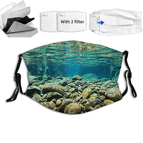 Underwater View with Rocks and Pebbles Torrent Clear Fresh Water of Dumbea River,Washable Reusable Face Mask Balaclava with Adjustable Ear Loops & Nose Wire,3 Ply, Size:M,Made in USA