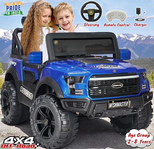 Image of Wishmaster 4x4 Driving EV Cars for 1, 2, 3, 4, 5, 6 Years | Remote + Steering + Mobile App Control | Kids Jeeps (Medium Size F-Raptor [1-8 Year Kids], Royal Blue)