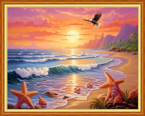 Image of Dimensean Stamped Cross Stitch Kits Full Range of Embroidery Patterns Starter Kits for Beginners Adult DIY Cross Stitches Needlepoint Kits 11CT-Sunrise by the Seaside 16x20 inch